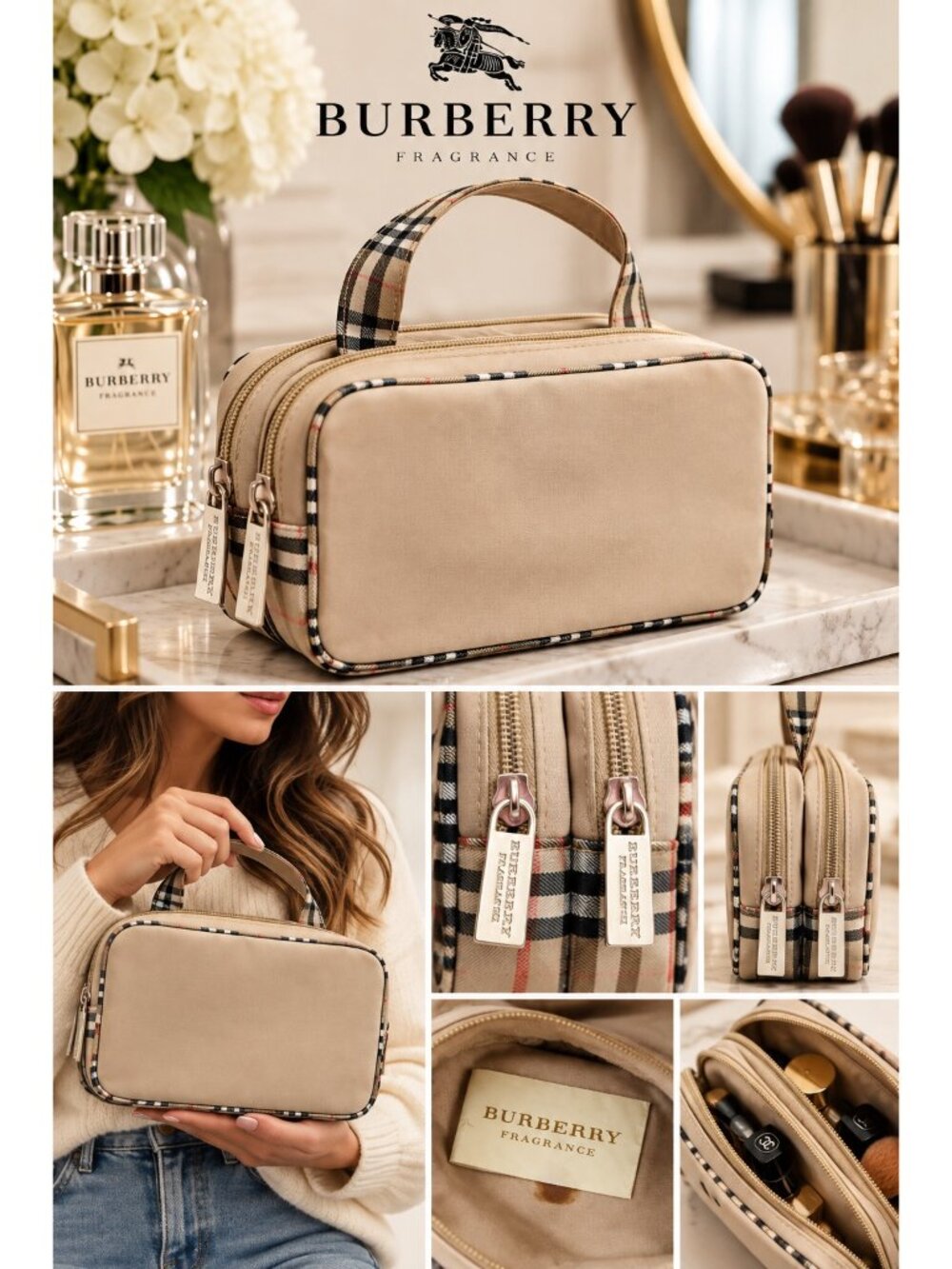 Burberry Fragrances Nova Check Beige Cosmetic Travel Vanity Bag Double Zip